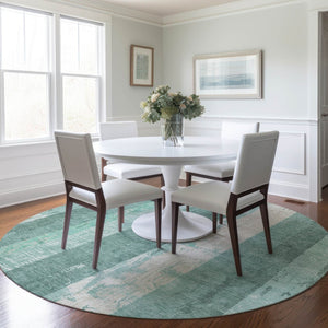 HomeRoots 5' Refreshing Pale Aqua and Teal Striped Area Rug – Durable, Washable for Indoor & Outdoor Use 8' Round 617850
