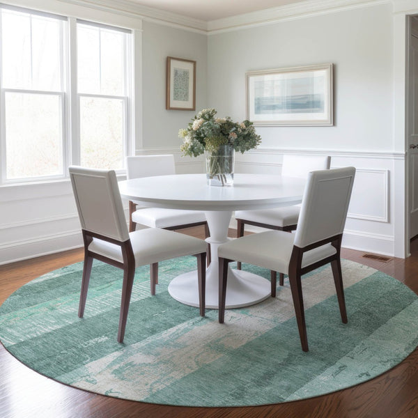 HomeRoots 5' Refreshing Pale Aqua and Teal Striped Area Rug – Durable, Washable for Indoor & Outdoor Use 8' Round 617850