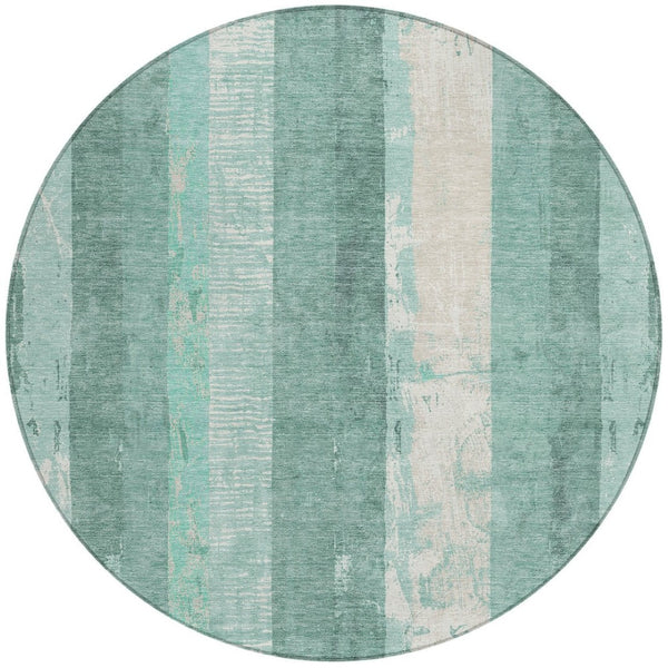 HomeRoots 5' Refreshing Pale Aqua and Teal Striped Area Rug – Durable, Washable for Indoor & Outdoor Use 8' Round 617850