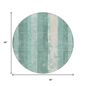 HomeRoots 5' Refreshing Pale Aqua and Teal Striped Area Rug – Durable, Washable for Indoor & Outdoor Use 8' Round 617850