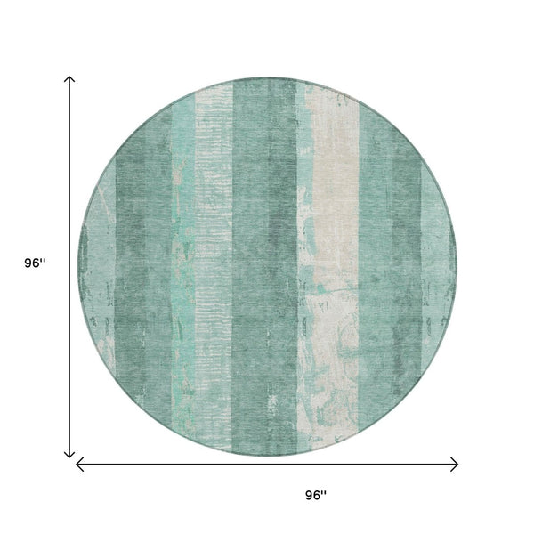 HomeRoots 5' Refreshing Pale Aqua and Teal Striped Area Rug – Durable, Washable for Indoor & Outdoor Use 8' Round 617850