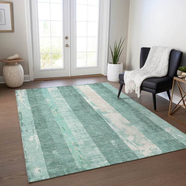 HomeRoots 5' Refreshing Pale Aqua and Teal Striped Area Rug – Durable, Washable for Indoor & Outdoor Use 9' X 12' 617852
