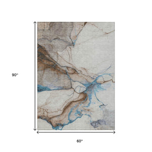 HomeRoots 5' Beige and Blue Abstract Area Rug - Stylish, Washable, Durable for Indoor & Outdoor Spaces 5' X 8' 617861