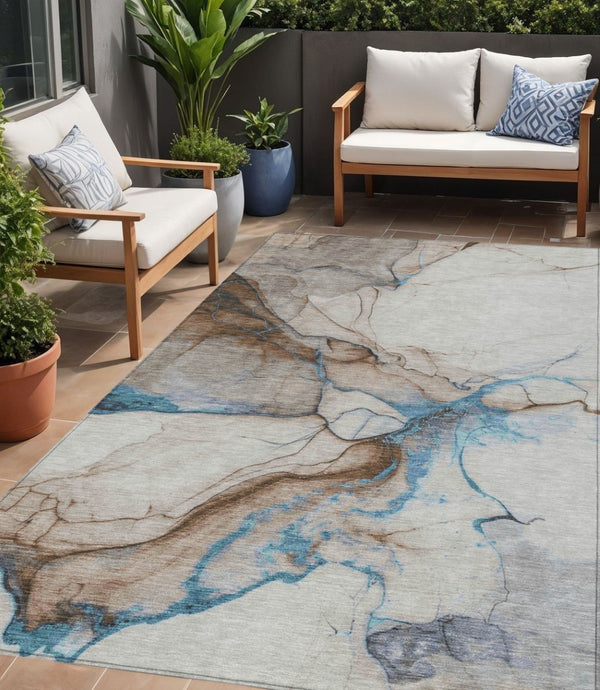 HomeRoots 5' Beige and Blue Abstract Area Rug - Stylish, Washable, Durable for Indoor & Outdoor Spaces 5' X 8' 617861