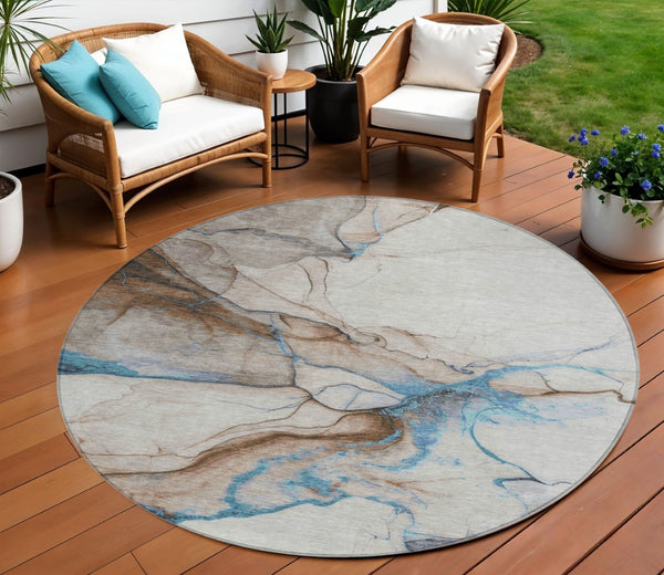 HomeRoots 5' Beige and Blue Abstract Area Rug - Stylish, Washable, Durable for Indoor & Outdoor Spaces 8' Round 617862