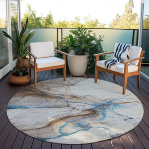 HomeRoots 5' Beige and Blue Abstract Area Rug - Stylish, Washable, Durable for Indoor & Outdoor Spaces 8' Round 617862