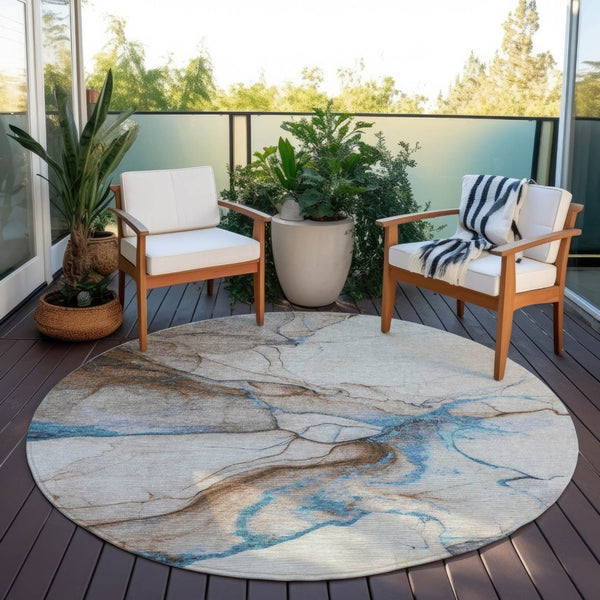 HomeRoots 5' Beige and Blue Abstract Area Rug - Stylish, Washable, Durable for Indoor & Outdoor Spaces 8' Round 617862