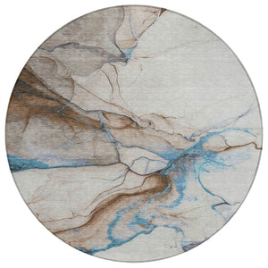 HomeRoots 5' Beige and Blue Abstract Area Rug - Stylish, Washable, Durable for Indoor & Outdoor Spaces 8' Round 617862