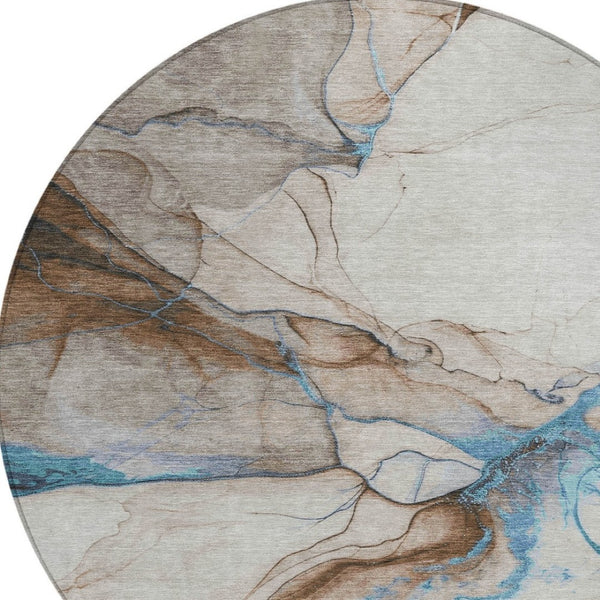 HomeRoots 5' Beige and Blue Abstract Area Rug - Stylish, Washable, Durable for Indoor & Outdoor Spaces 8' Round 617862