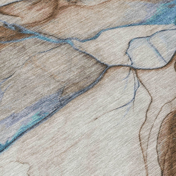 HomeRoots 5' Beige and Blue Abstract Area Rug - Stylish, Washable, Durable for Indoor & Outdoor Spaces 8' Round 617862