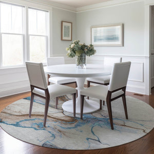 HomeRoots 5' Beige and Blue Abstract Area Rug - Stylish, Washable, Durable for Indoor & Outdoor Spaces 8' Round 617862