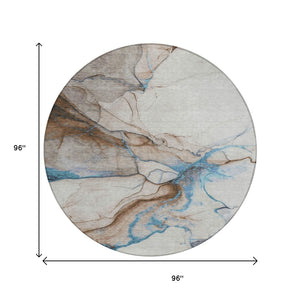 HomeRoots 5' Beige and Blue Abstract Area Rug - Stylish, Washable, Durable for Indoor & Outdoor Spaces 8' Round 617862