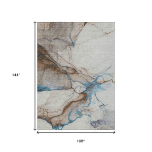 HomeRoots 5' Beige and Blue Abstract Area Rug - Stylish, Washable, Durable for Indoor & Outdoor Spaces 9' X 12' 617864