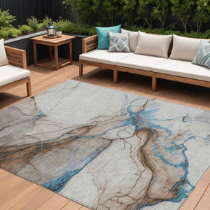 HomeRoots 5' Beige and Blue Abstract Area Rug - Stylish, Washable, Durable for Indoor & Outdoor Spaces 9' X 12' 617864