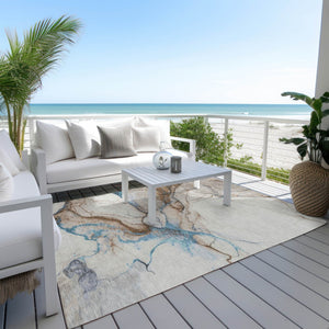 HomeRoots 5' Beige and Blue Abstract Area Rug - Stylish, Washable, Durable for Indoor & Outdoor Spaces 10' X 14' 617865