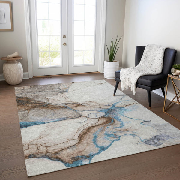 HomeRoots 5' Beige and Blue Abstract Area Rug - Stylish, Washable, Durable for Indoor & Outdoor Spaces 10' X 14' 617865