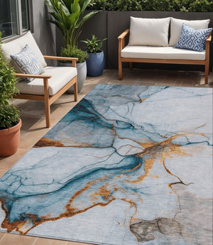 HomeRoots 5' Sky Blue and Copper Abstract Area Rug - Stylish, Washable Design for Indoor and Outdoor Use 5' X 8' 617873