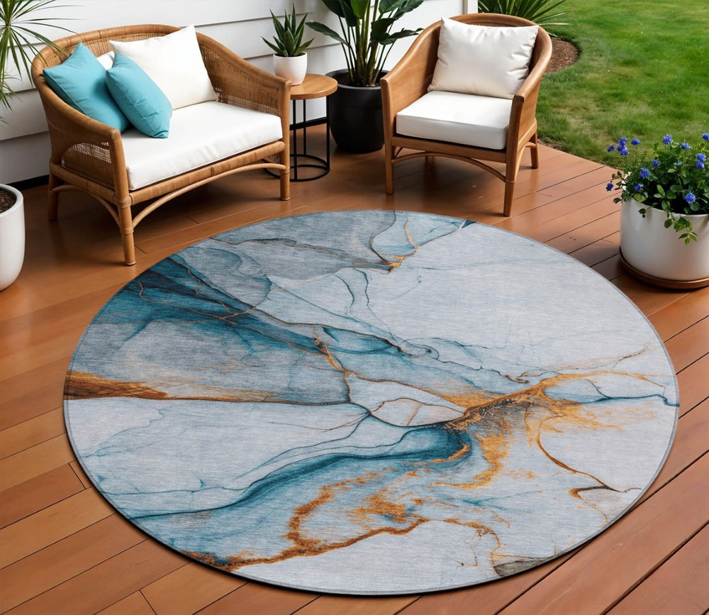 HomeRoots 5' Sky Blue and Copper Abstract Area Rug - Stylish, Washable Design for Indoor and Outdoor Use 8' Round 617874