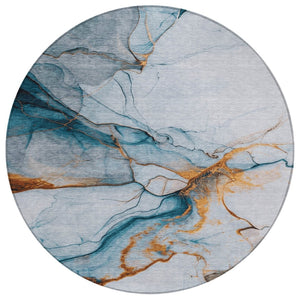 HomeRoots 5' Sky Blue and Copper Abstract Area Rug - Stylish, Washable Design for Indoor and Outdoor Use 8' Round 617874
