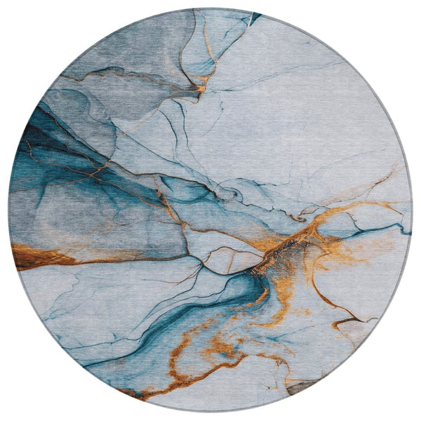 HomeRoots 5' Sky Blue and Copper Abstract Area Rug - Stylish, Washable Design for Indoor and Outdoor Use 8' Round 617874