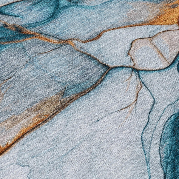 HomeRoots 5' Sky Blue and Copper Abstract Area Rug - Stylish, Washable Design for Indoor and Outdoor Use 8' Round 617874
