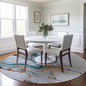HomeRoots 5' Sky Blue and Copper Abstract Area Rug - Stylish, Washable Design for Indoor and Outdoor Use 8' Round 617874