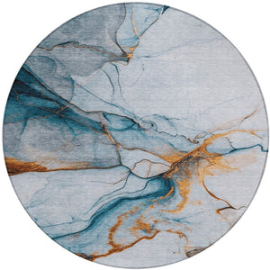 HomeRoots 5' Sky Blue and Copper Abstract Area Rug - Stylish, Washable Design for Indoor and Outdoor Use 8' Round 617874