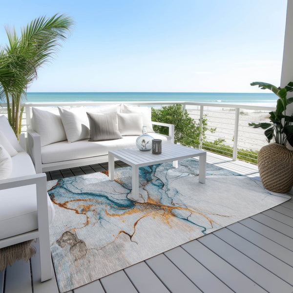 HomeRoots 5' Sky Blue and Copper Abstract Area Rug - Stylish, Washable Design for Indoor and Outdoor Use 9' X 12' 617876