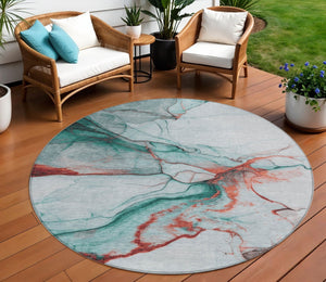 HomeRoots 5' Abstract Teal Blue and Terra Cotta Washable Area Rug for Indoor and Outdoor High-Traffic Spaces 8' Round 617880