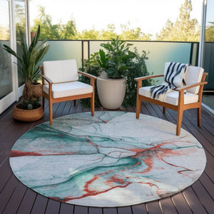 HomeRoots 5' Abstract Teal Blue and Terra Cotta Washable Area Rug for Indoor and Outdoor High-Traffic Spaces 8' Round 617880