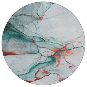 HomeRoots 5' Abstract Teal Blue and Terra Cotta Washable Area Rug for Indoor and Outdoor High-Traffic Spaces 8' Round 617880