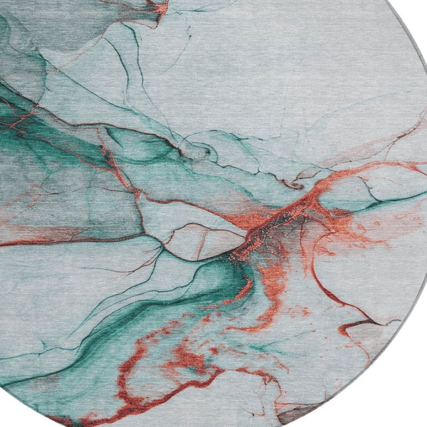 HomeRoots 5' Abstract Teal Blue and Terra Cotta Washable Area Rug for Indoor and Outdoor High-Traffic Spaces 8' Round 617880