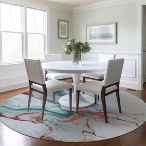 HomeRoots 5' Abstract Teal Blue and Terra Cotta Washable Area Rug for Indoor and Outdoor High-Traffic Spaces 8' Round 617880