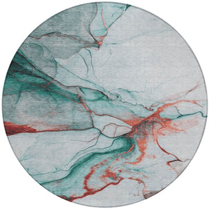 HomeRoots 5' Abstract Teal Blue and Terra Cotta Washable Area Rug for Indoor and Outdoor High-Traffic Spaces 8' Round 617880
