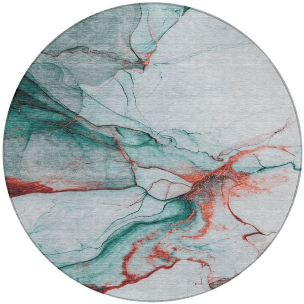 HomeRoots 5' Abstract Teal Blue and Terra Cotta Washable Area Rug for Indoor and Outdoor High-Traffic Spaces 8' Round 617880