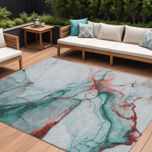 HomeRoots 5' Abstract Teal Blue and Terra Cotta Washable Area Rug for Indoor and Outdoor High-Traffic Spaces 8' X 10' 617881
