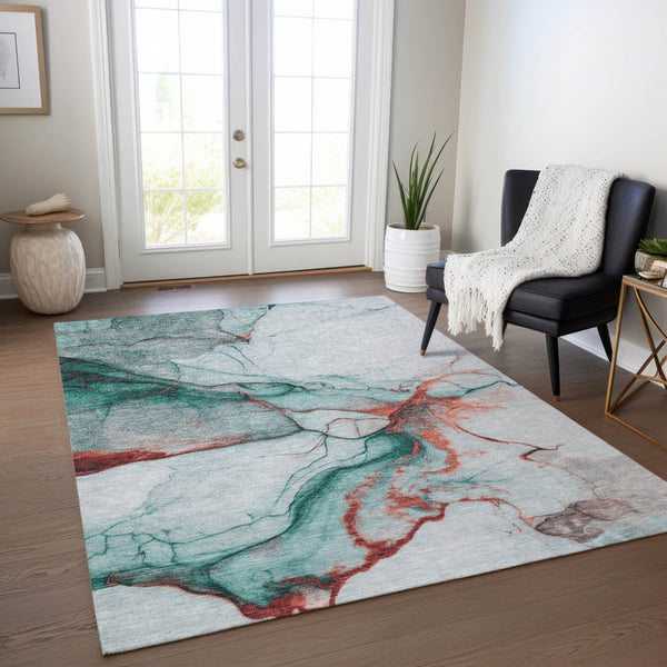 HomeRoots 9' Abstract Teal Blue & Terra Cotta Washable Area Rug - Durable, Stylish for Indoor & Outdoor Use 617882