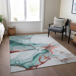 HomeRoots 5' Abstract Teal Blue and Terra Cotta Washable Area Rug for Indoor and Outdoor High-Traffic Spaces 10' X 14' 617883