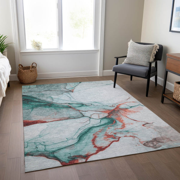 HomeRoots 5' Abstract Teal Blue and Terra Cotta Washable Area Rug for Indoor and Outdoor High-Traffic Spaces 10' X 14' 617883