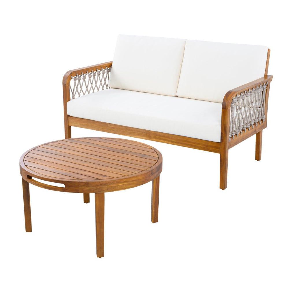 English Elm Outdoor Acacia Wood Loveseat Set with Woven Rope Detail and Slatted Coffee Table Cream,Oatmeal,Teak N768P363954T