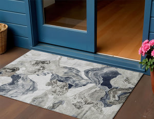 Homeroots 3' Abstract Washable Indoor Outdoor Area Rug - Stylish, Durable, And Perfect For High Traffic Spaces Ivory Polyester 617890