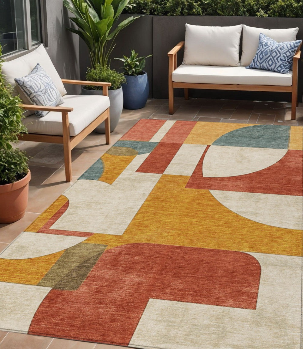 HomeRoots 5' Stylish Coral Gold Ivory Geometric Washable Indoor Outdoor Rug – Durable, Easy-Clean Design! 5' X 8' 617903