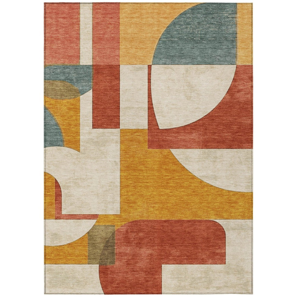HomeRoots 5' Stylish Coral Gold Ivory Geometric Washable Indoor Outdoor Rug – Durable, Easy-Clean Design! 5' X 8' 617903