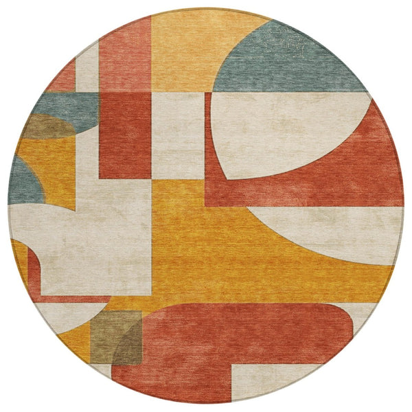 HomeRoots 5' Stylish Coral Gold Ivory Geometric Washable Indoor Outdoor Rug – Durable, Easy-Clean Design! 8' Round 617904