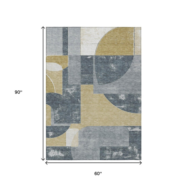 HomeRoots 5' Gray and Gold Geometric Indoor-Outdoor Area Rug - Durable, Washable, Modern Style for Any Space 5' X 8' 617915