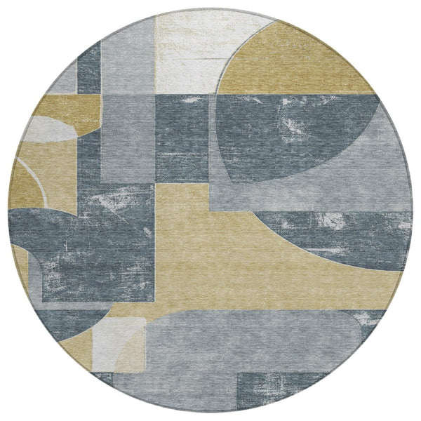 HomeRoots 5' Gray and Gold Geometric Indoor-Outdoor Area Rug - Durable, Washable, Modern Style for Any Space 8' Round 617916
