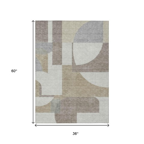 Homeroots 3' Geometric Washable Indoor Outdoor Area Rug - Stylish, Durable & Stain Resistant For Any Space Khaki Polyester 617920