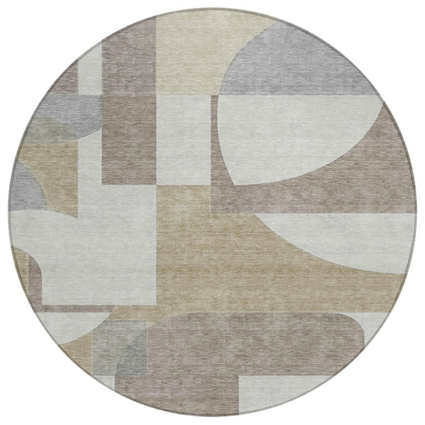 HomeRoots 5' Stylish Khaki and Silver Geometric Area Rug for Indoor/Outdoor Use - Durable, Washable, Versatile 8' Round 617922