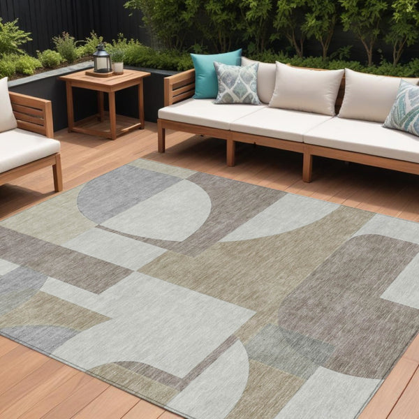 HomeRoots 5' Stylish Khaki and Silver Geometric Area Rug for Indoor/Outdoor Use - Durable, Washable, Versatile 8' X 10' 617923