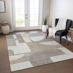 HomeRoots 5' Stylish Khaki and Silver Geometric Area Rug for Indoor/Outdoor Use - Durable, Washable, Versatile 8' X 10' 617923